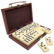 Playbees Jumbo Double Six Domino Set - 28 Thick White Tiles - Sophisticated Wooden Vegan Leather Box - Classic Family Game - Math Skills and Strategy