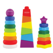 Infantino Torre de Empilhamento, Conjunto Multicolorido para Bebés 12M+, 3 Estilos, Anéis, Quadrados & Estrelas, 23 Peças
