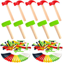 AIHSUMC 10 PCS Kids Wood Hammer Legetøj med 100 pc'er Farverige træ Golf Tees Lille plasthammer Simulering Hammers Uddannelseslegetøj til børn Ga