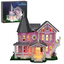 Pink Palace House Building Set with Lights Halloween Haunted House Blocks Toy Halloween House Kit for Adults Compatible with Lego Valentines Day Gi