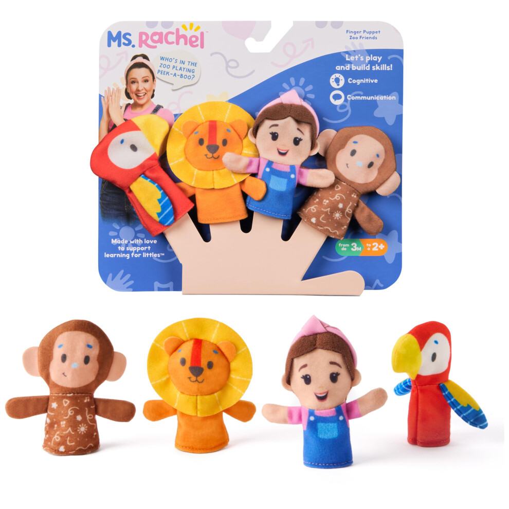 Ms. Rachel Finger Puppets Zoo Friends 4-Pack, Lion, Monkey & Parrot, Educational Toys & Animal Puppets, Toddler Toys For Girls & Boys Ages 6 Months-2+
