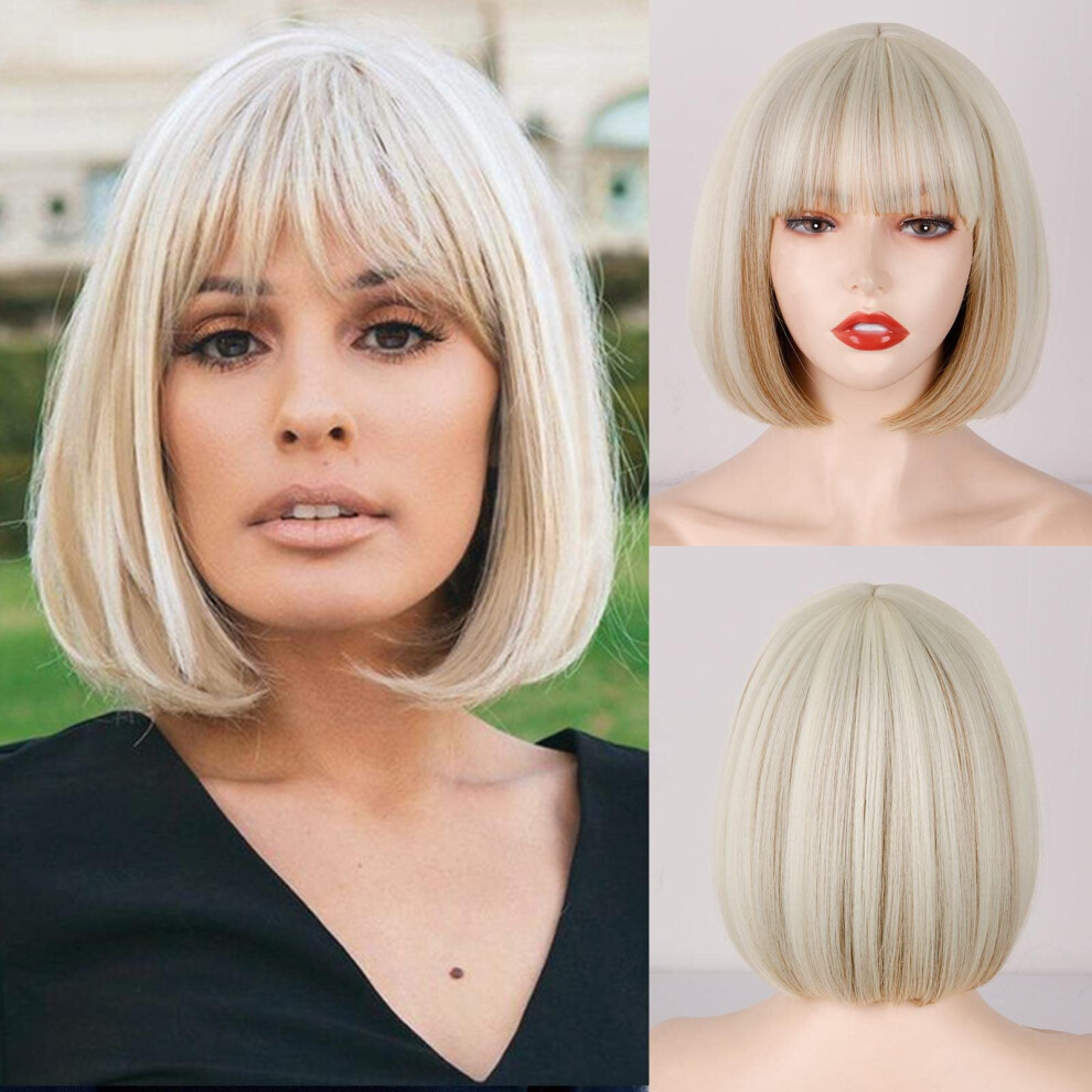 Werd Unisex Brown,Silver Short Bob Blonde Wig With Bangs Short Platinum Wigs For Women Mixed Brown Platinum Highlights Wigs For Cosplay Party Daily Halloween
