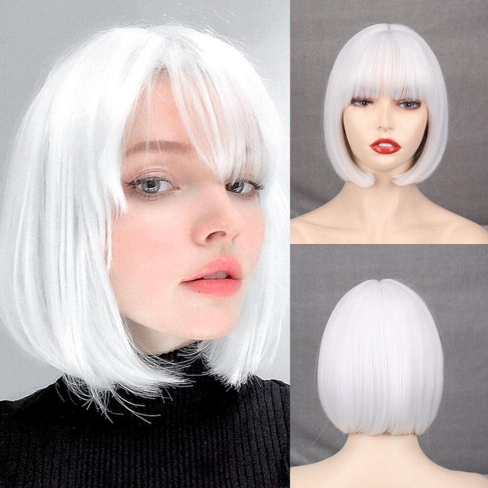 Werd Short White Bob Wig Bangs Straight White Wig For Women Natural Synthetic Short White Wig Bangs For Daily Party Cosplay Halloween