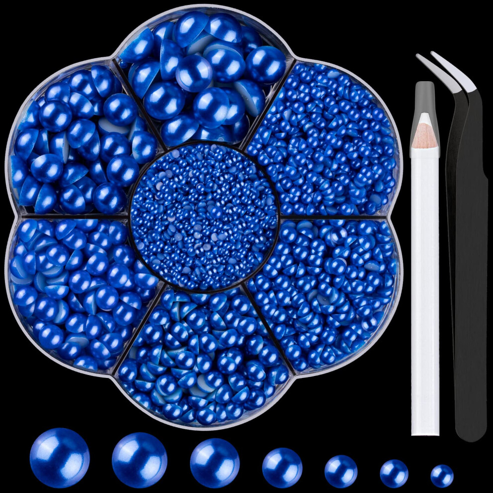 Nail Art - Kit Di Perle Semirotonde Per Nail Art, 13, 1 Scatola Da 5600 Pezzi, Con Retro Piatto, Blu Reale, Con Pinzette E Matita Raccoglitore, Per La Casa, Fai Da Te, Per Il Corpo, Viso, Artigianato E Salone-image