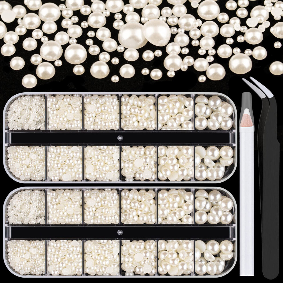 Belleboost Kit Di Perle Piatte Con Retro Piatto, 2 Scatole Di Perle Semi-Rotonde Beige Con Matita E Pinzetta Per La Casa Fai Da Te E Nail Art Professionale, Trucco Viso E Artigianato-image