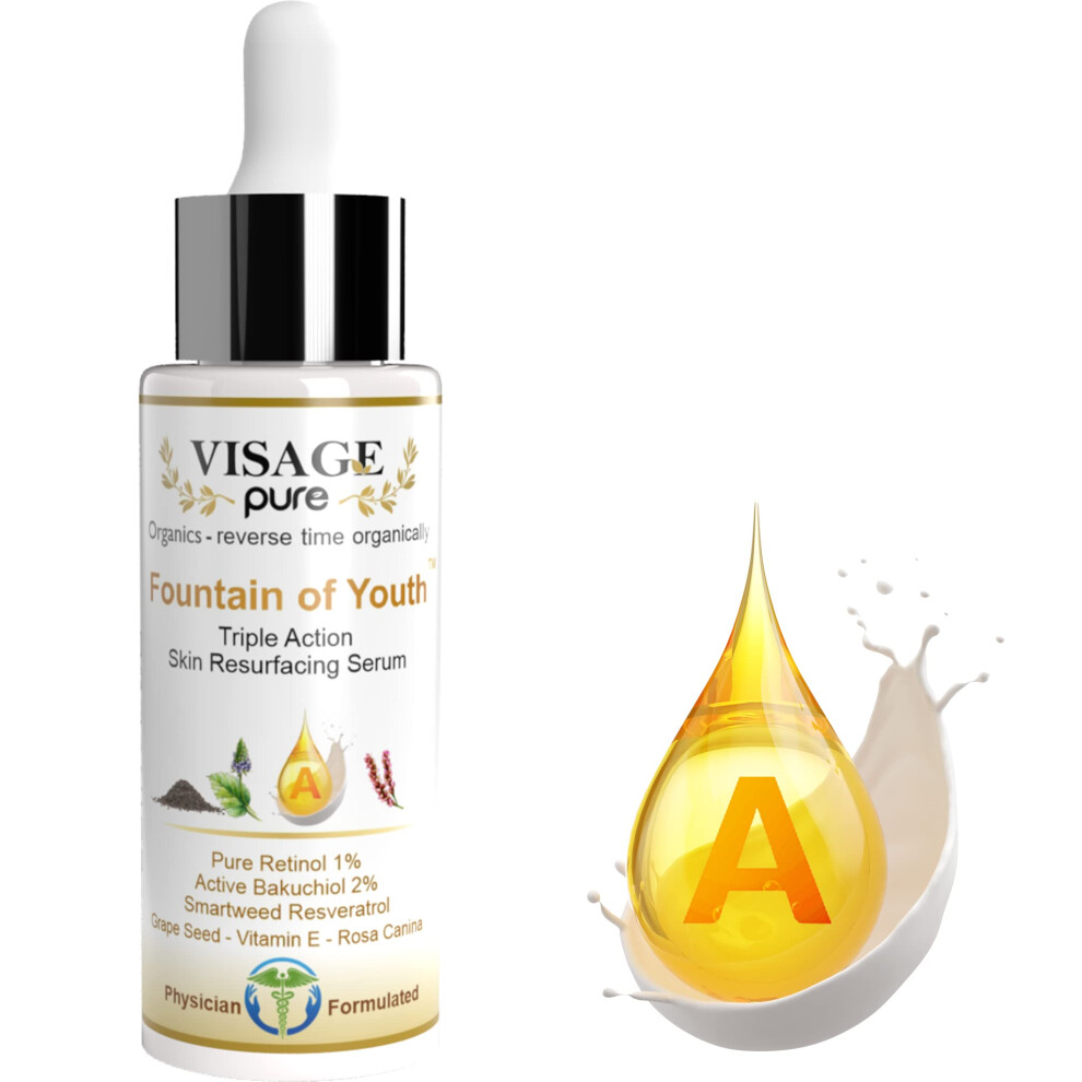 Visage Pure Fountain of Youth Serum - Organic  Toxin-Free Skin Serum with Retinol  Bakuchiol  Resveratrol  Vitamin E for Resurfacing  Toning  and Wrin