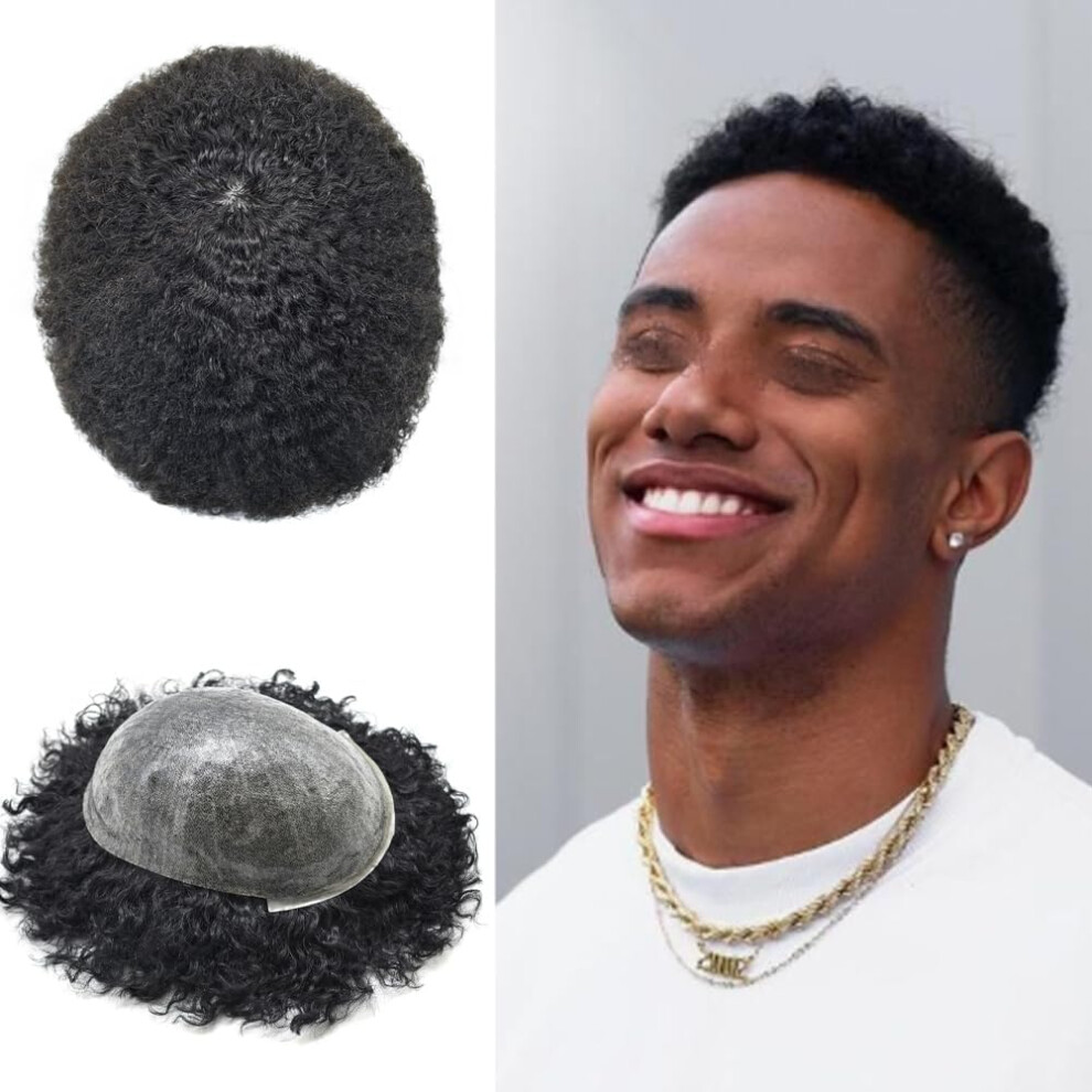 Generisk Unisex Black Hair Unit For Men Full Poly Skin Afro Toupee For Men Brazilian Hair Systems Kinky Curly Hair African American Men Human Hairpiece 8X10 1B#