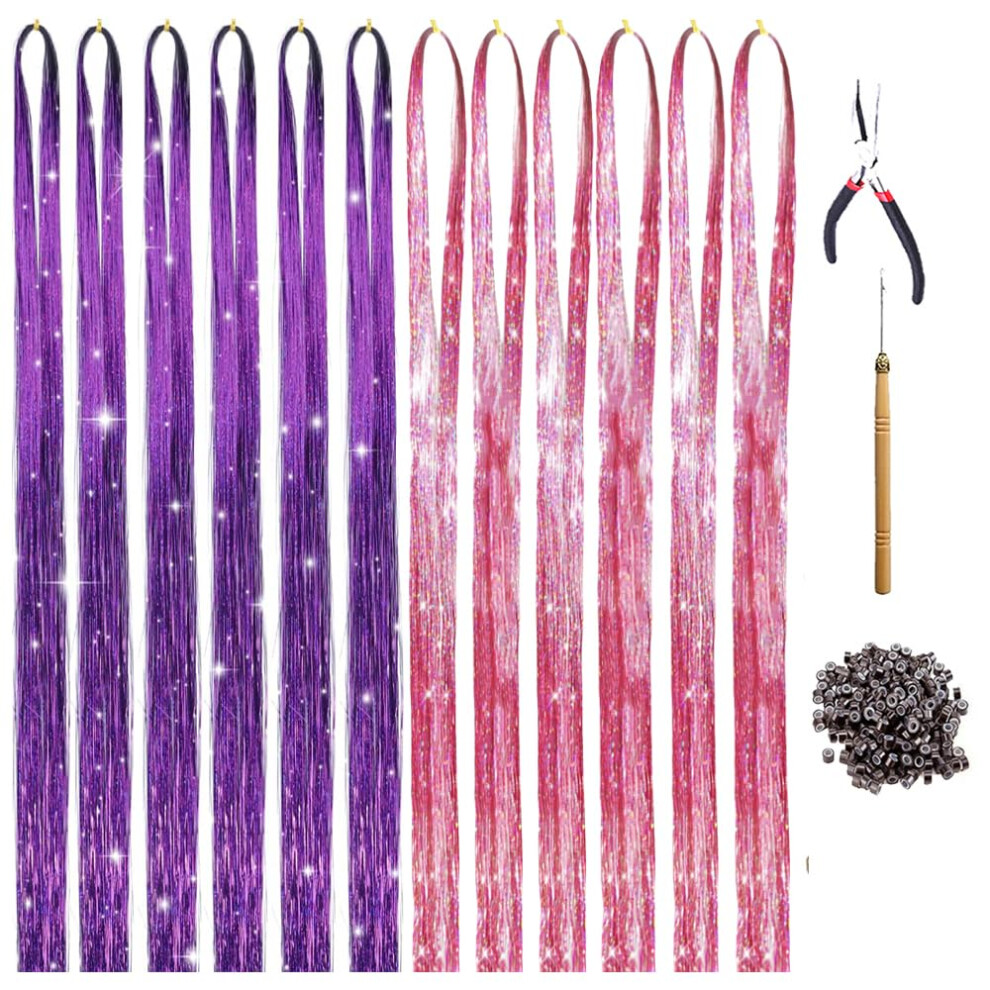 Kit de guirlandes pour cheveux roses et violets avec outils, perles, 2 200 mèches, 119 cm, extensions de cheveux pailletées pour femmes, filles e