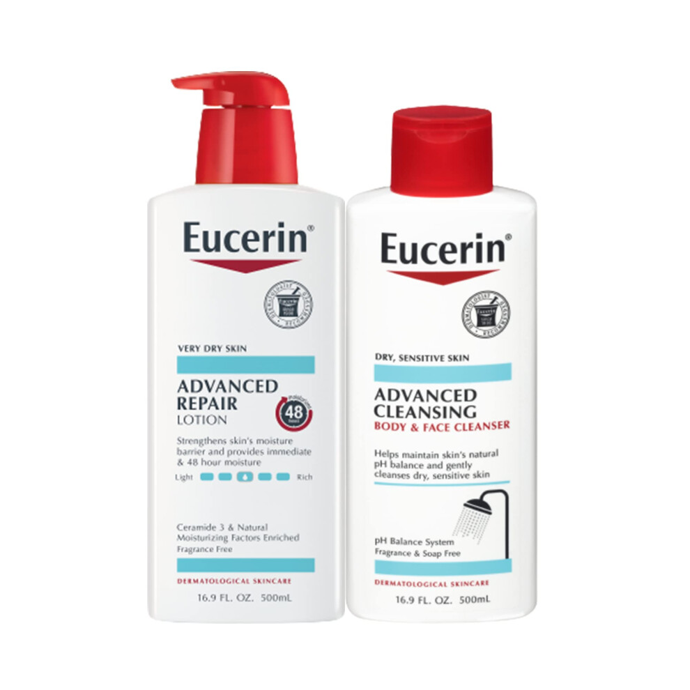 Eucerin Skin Care Set  Advanced Repair Unscented Body Lotion for Dry Skin  16.9 Fl Oz Bottle + Advanced Cleansing Body and Face Cleanser  Fragrance Fr