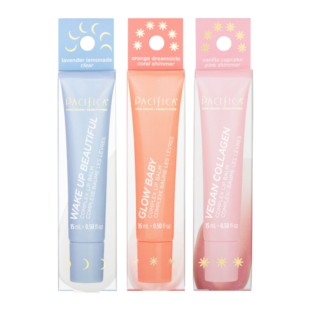 Pacifica Beauty Complex Lip Balm Trio Set  Makeup  Glow Baby  Wake Up Beautiful  Vegan Collagen  Lip Gloss  Orange  Lavender  Lemon  Vanilla  Non Stic