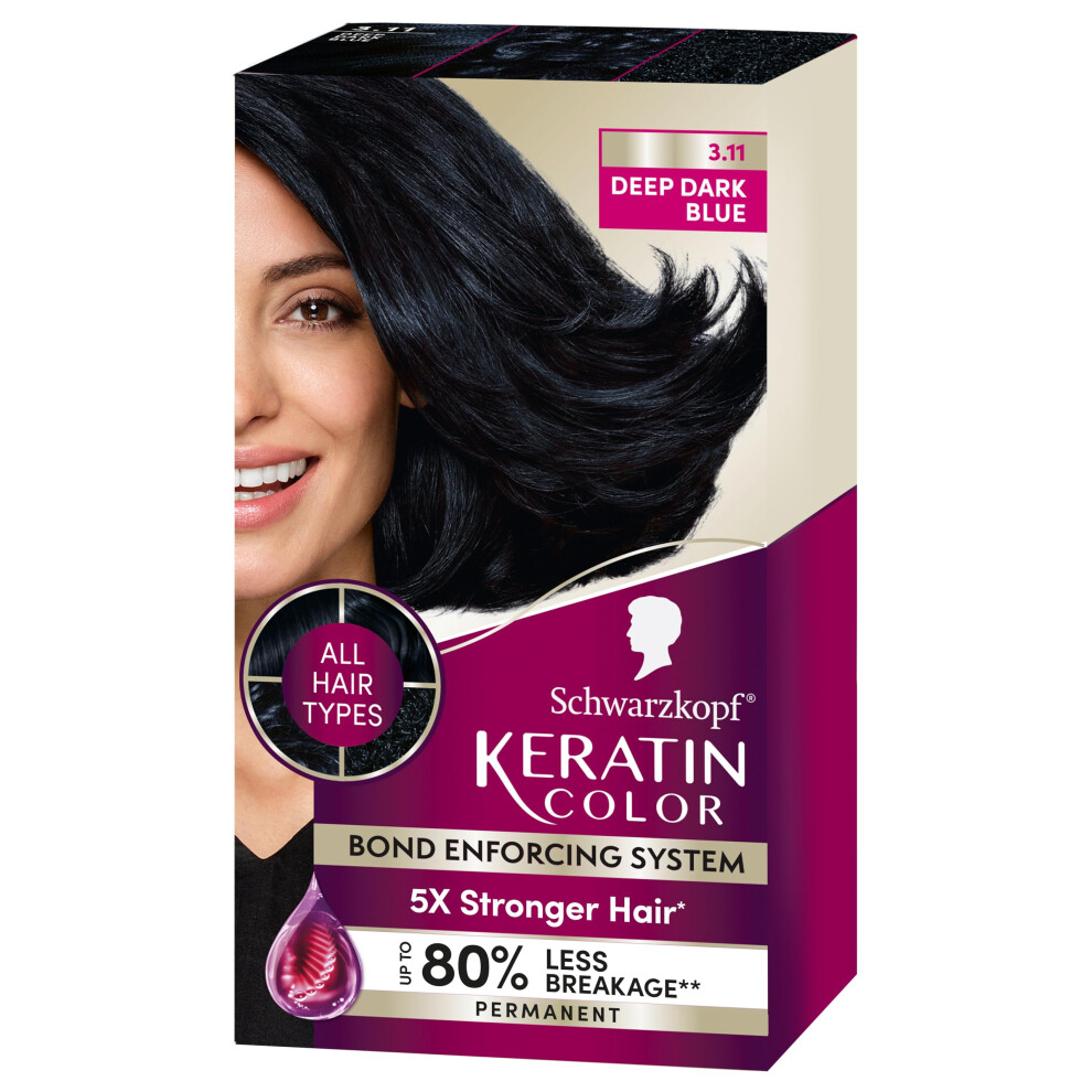 Schwarzkopf Keratin Color Permanent Hair Color  3.11 Deep Dark Blue  1 Application - Salon Inspired Permanent Hair Dye  for up to 80% Less Breakage vs