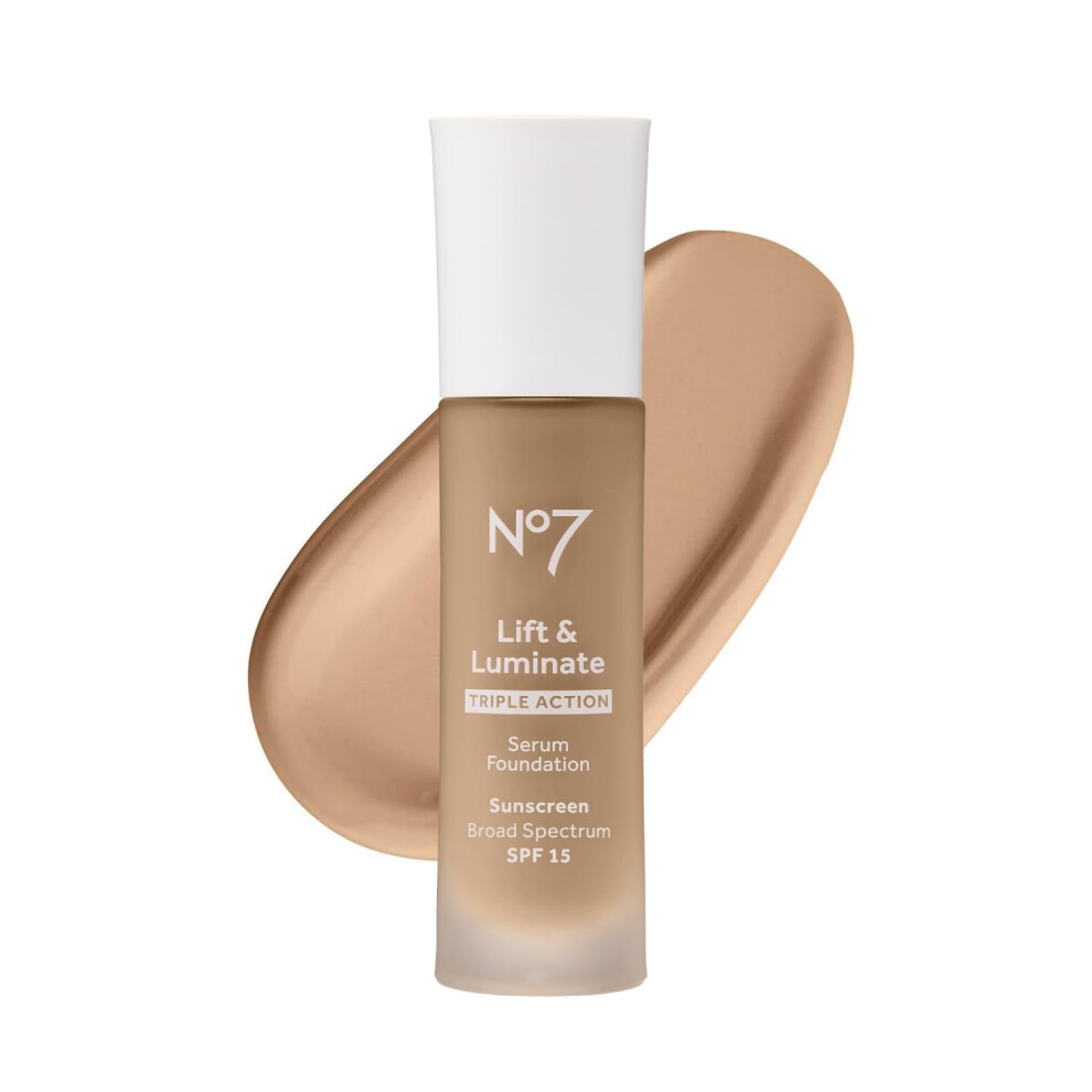No7 Lift & Luminate Triple Action Serum Foundation - Cashew - Liquid Foundation Makeup with SPF 15 for Dewy  Glowy Base - Radiant Serum Foundation for