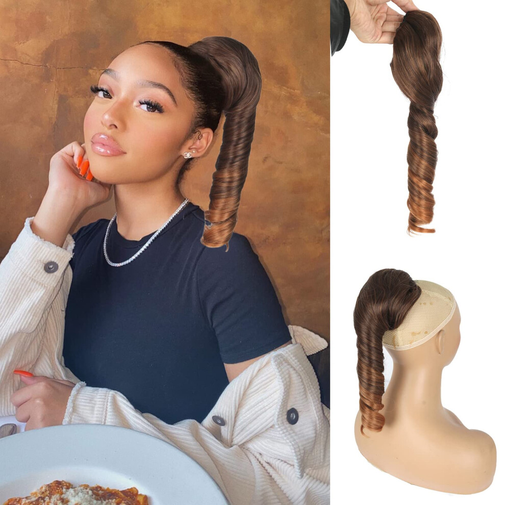 Oseti Short Curly Hair Extensions Spiral Curl Drawstring Ponytail For Black Women 14Inch Ombre Brown Blonde Ponytail Extension Ringlet T4/30# Pony Tai
