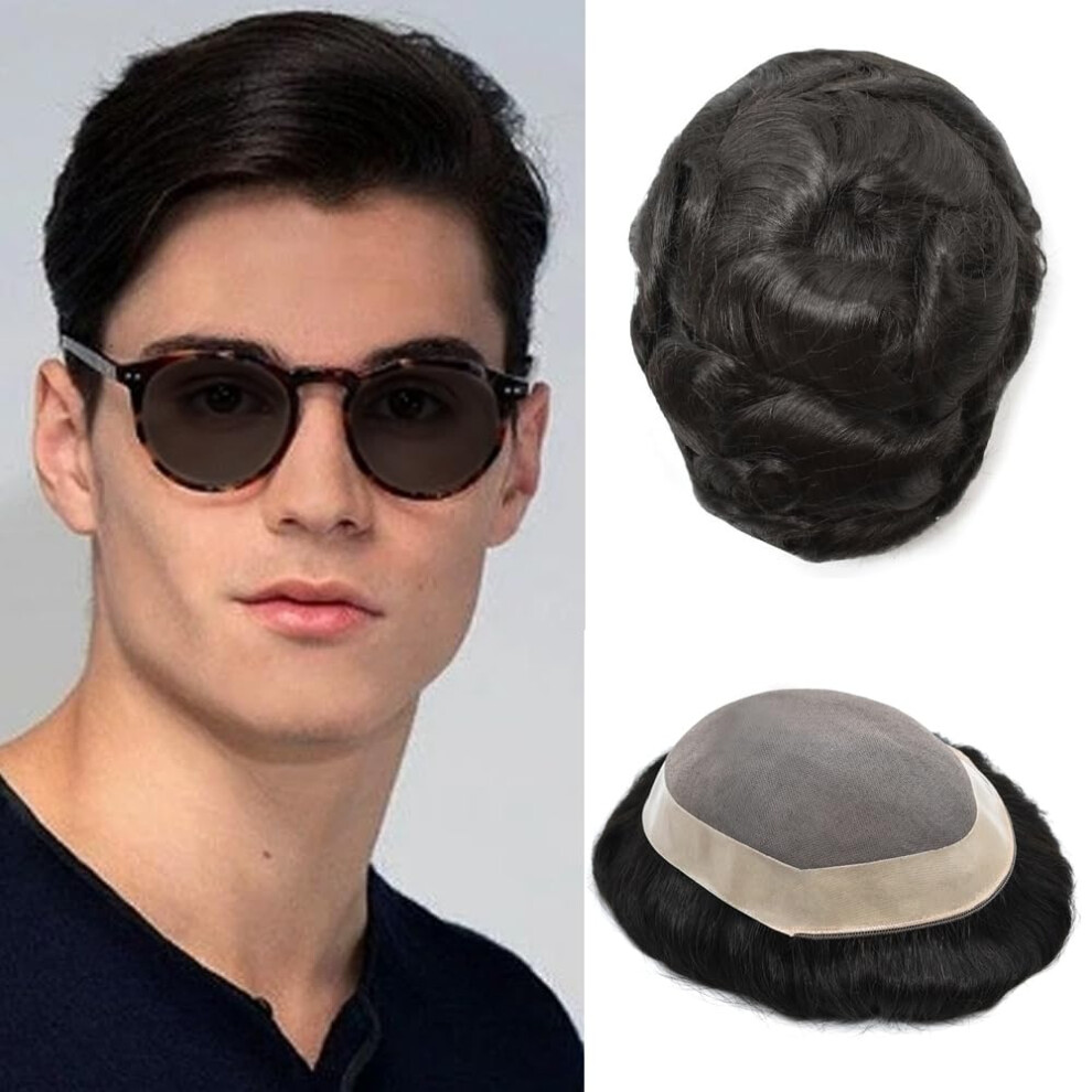Singa Hair Unisex Black Mens Toupee Hairpieces Mono Lace Hair Replacement System For Men Human Hair Pieces Monofilament Toupee Wigs For Man(6X9"""" 1B# Natural )