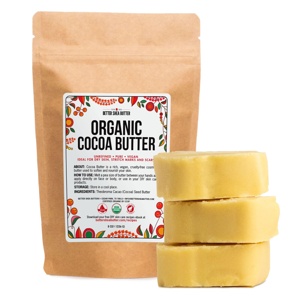 Better Shea Butter Organic Cocoa Butter Raw Unrefined - Food Grade Usda Certified - Cocoa Butter For Scars, Stretch Marks Cream - 100% Cocoa Butter Ra