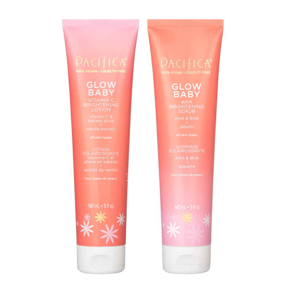 Pacifica Beauty Glow Baby Vitamin C Brightening Body Lotion and AHA Brightening Body Scrub Set  Bath and Body  Vitamin E  Kakadu  Moisturizing  Exfoli