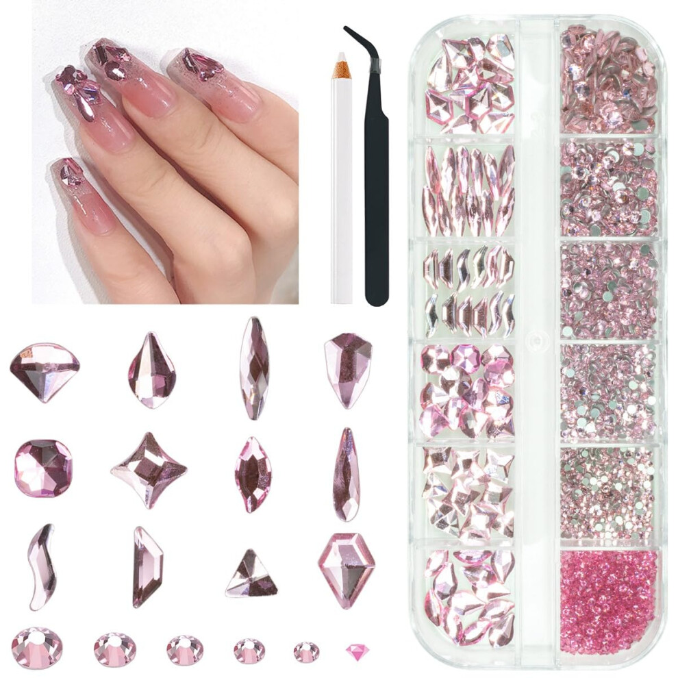 qiipii 2052 stuks roze nagelstrass steentjes 12 vormen lichtroze strass steentjes voor nagels platte achterkant K9 glazen edelstenen ronde kralen sten