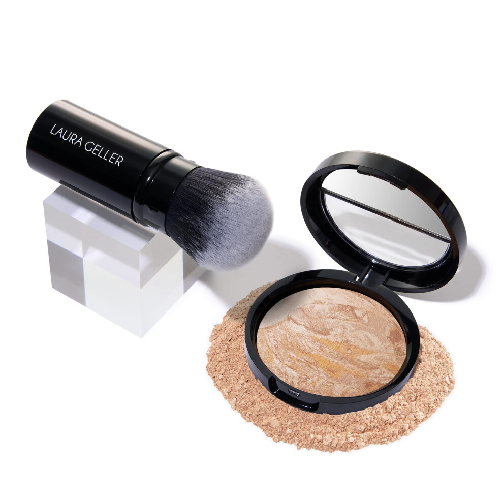 LAURA GELLER NEW YORK Get Glowing Kit (2pc): Baked Balance-n-Glow Illuminating Powder Foundation  Fair + Airbrush Kabuki Makeup Brush