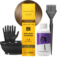 MOEHAIR hajfesto kszlet | 8N tarts hajfestk (vilgosszoke) 20 trfogat elohv 6%-os sznezokefe kesztyu s keverotl | Keratin tartalm szn | S