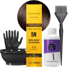 MOEHAIR hajfesto kszlet | 5N tarts hajfestk (vilgosbarna) 20 trfogat elohv 6%-os sznezokefe kesztyu s keverotl | Keratin tartalm szn | S