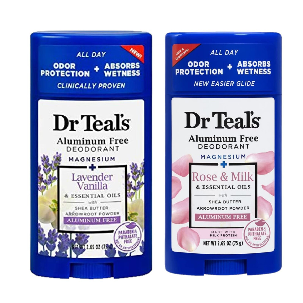 Dr. Teals Deodorant Variety Gift Set (2 Pack  2.65oz Ea.) - Vanilla Lavender & Rose & Milk - Essential Oils  Shea Butter & Magnesium Help Absorb Moist-image-OPC-PGMCFQH-NEW