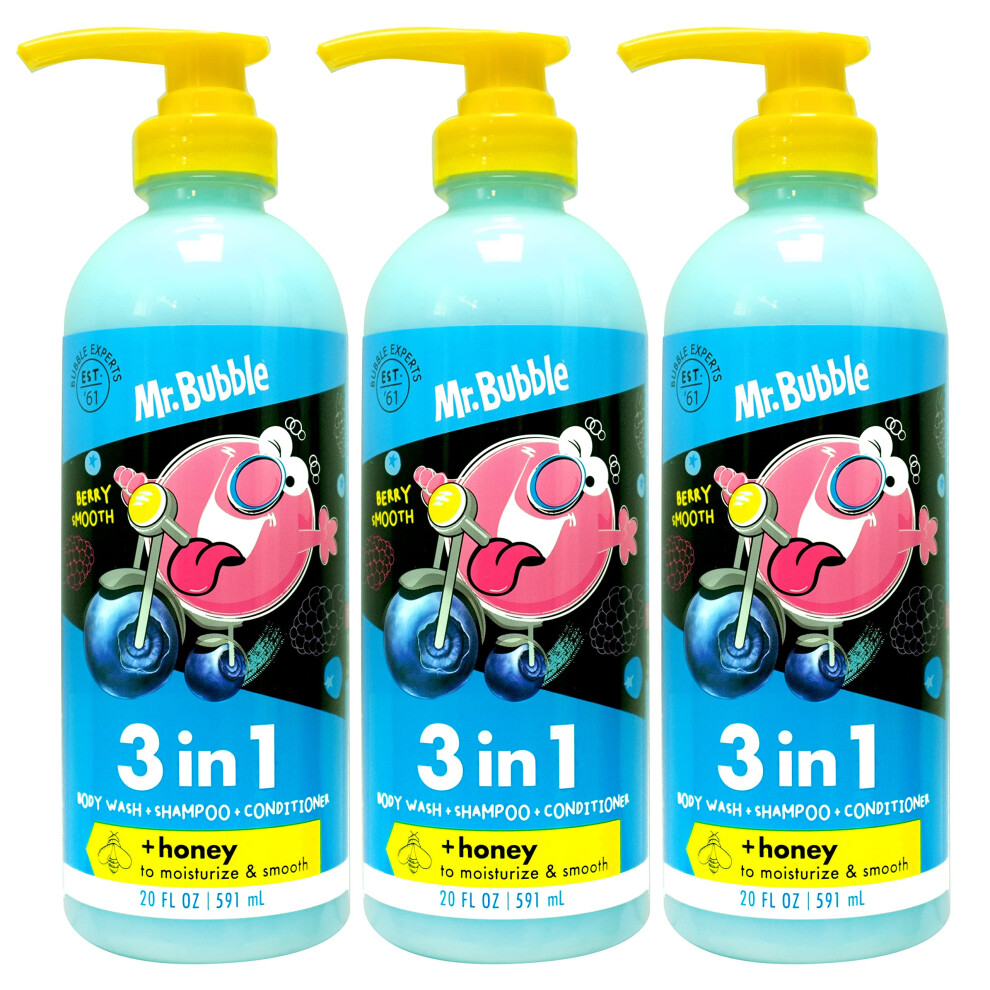 P N Bubble Mr. Bubble Berry Smooth 3-In-1 Body Wash, Shampoo & Conditioner Plus Honey Moisturize And Smooth Hair And Body 3-Pack