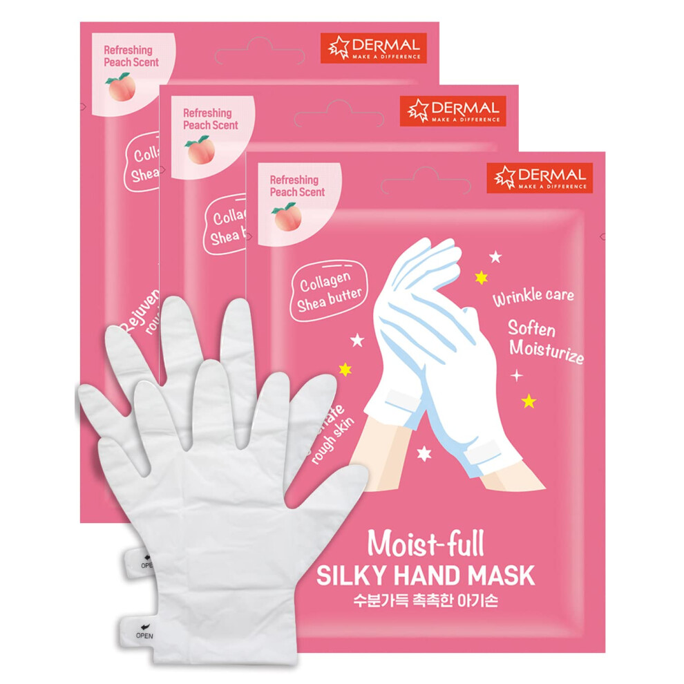 Dermal Moistfull Silky Hand Mask Gloves 3 Pairs For Dry Hands - Intensive Repairing With Collagen And Shea Butter - Nourishing & Moisturizing Renew Ha