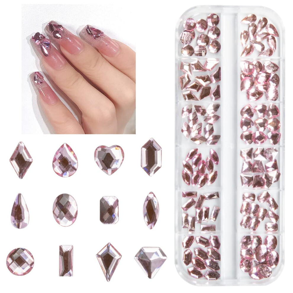 qiipii 120pcs Pink Rhinestone Nail Charms - 12 Shapes  Light Pink  Big Gems  K9 Glass Clear  DIY Crafts