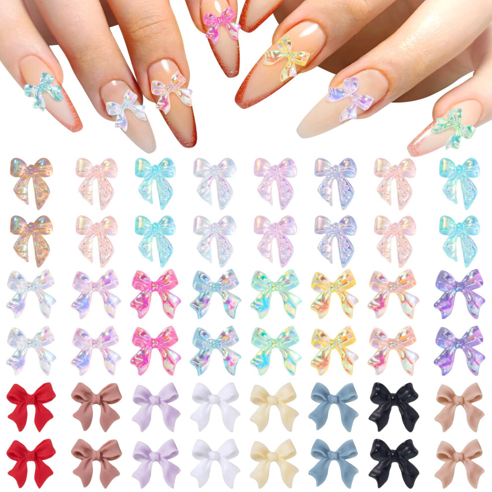 Hinzic 240 Pcs Aurora Bow Nail Charm 3D Bows Nail Charm Colorful Bowknot Charm For Acrylic Nails Cute Butterfly Pearl Resin Rhinestone Glitter Hallowe