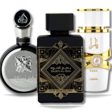 Lattafa parfymer fr unisex 3 delar Eau de Parfum presentset (Bade'e Al Oud Oud For Glory + Fakhar fr mn + Yara Moi) 3,4 ounce/100 ml vardera