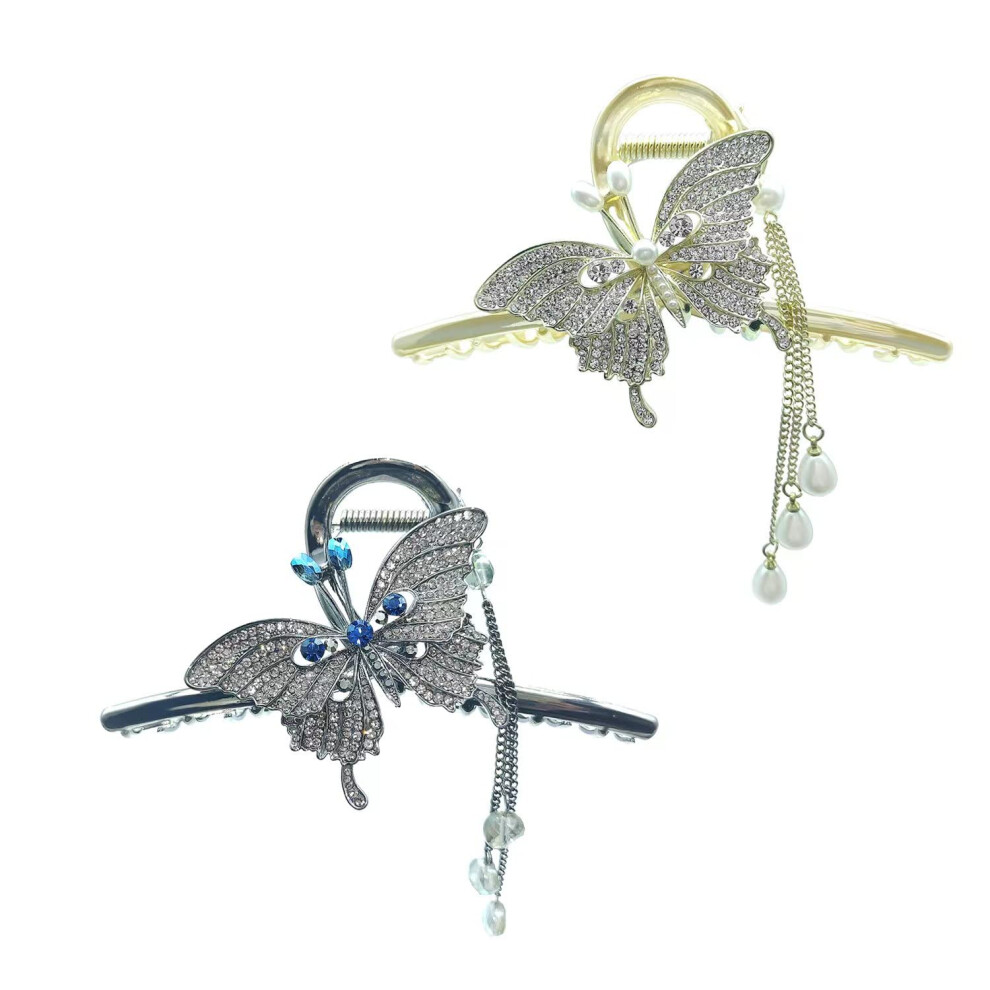 Butterfly Hair Claw Clips for Women  Rhinestone 2Pcs Large Non-Slip Strong Metal Hair Jaw Hold Clips with Tassel Crystal Hair Claws Big Butterfly Clip