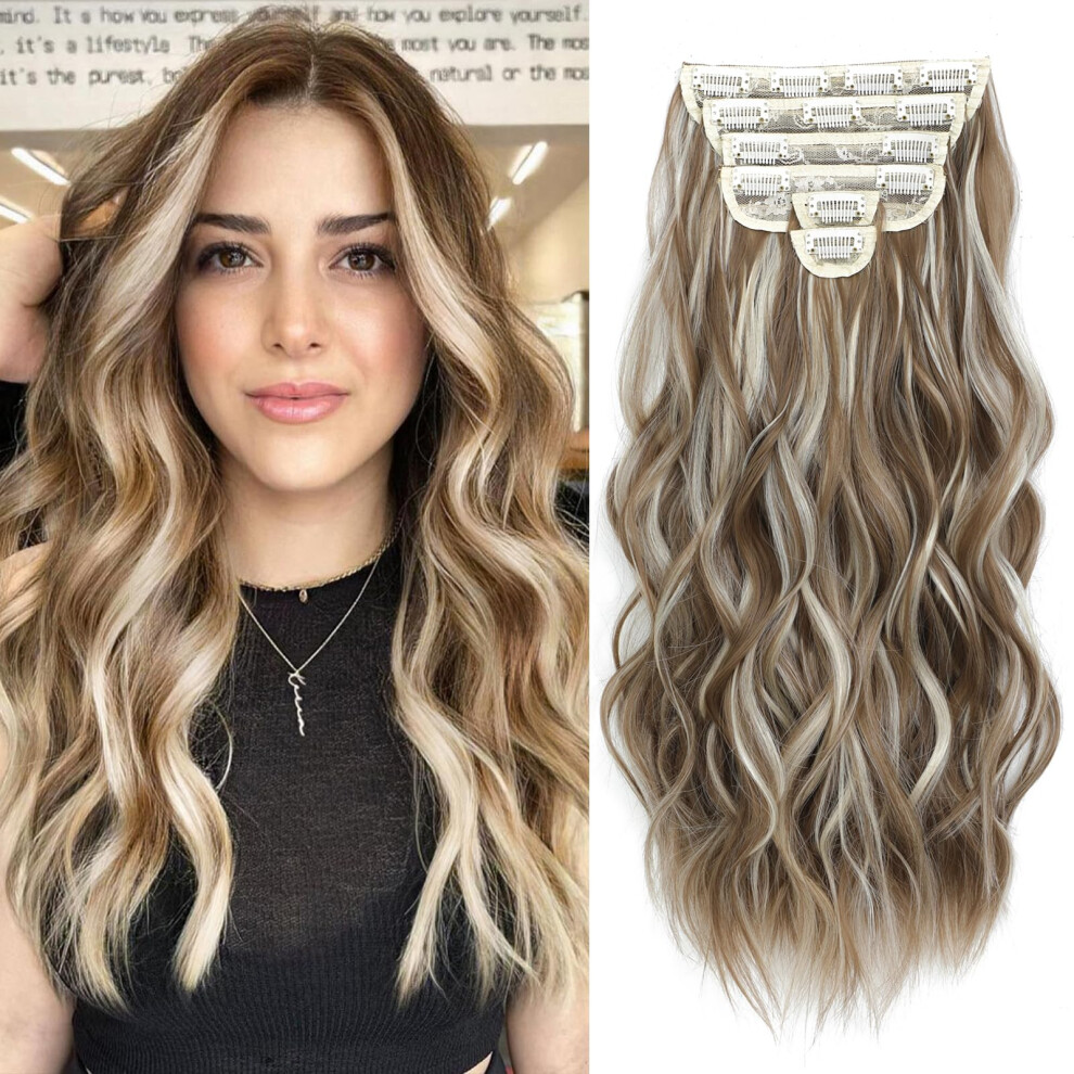 Flia Fliace Hair Extensions Clip Ins 6 Pcs Wavy Extensions Light Brown&Ash Blonde Thick Hairpieces Blends Well Hair Extensions (20Inch 6Pcs Light Brow