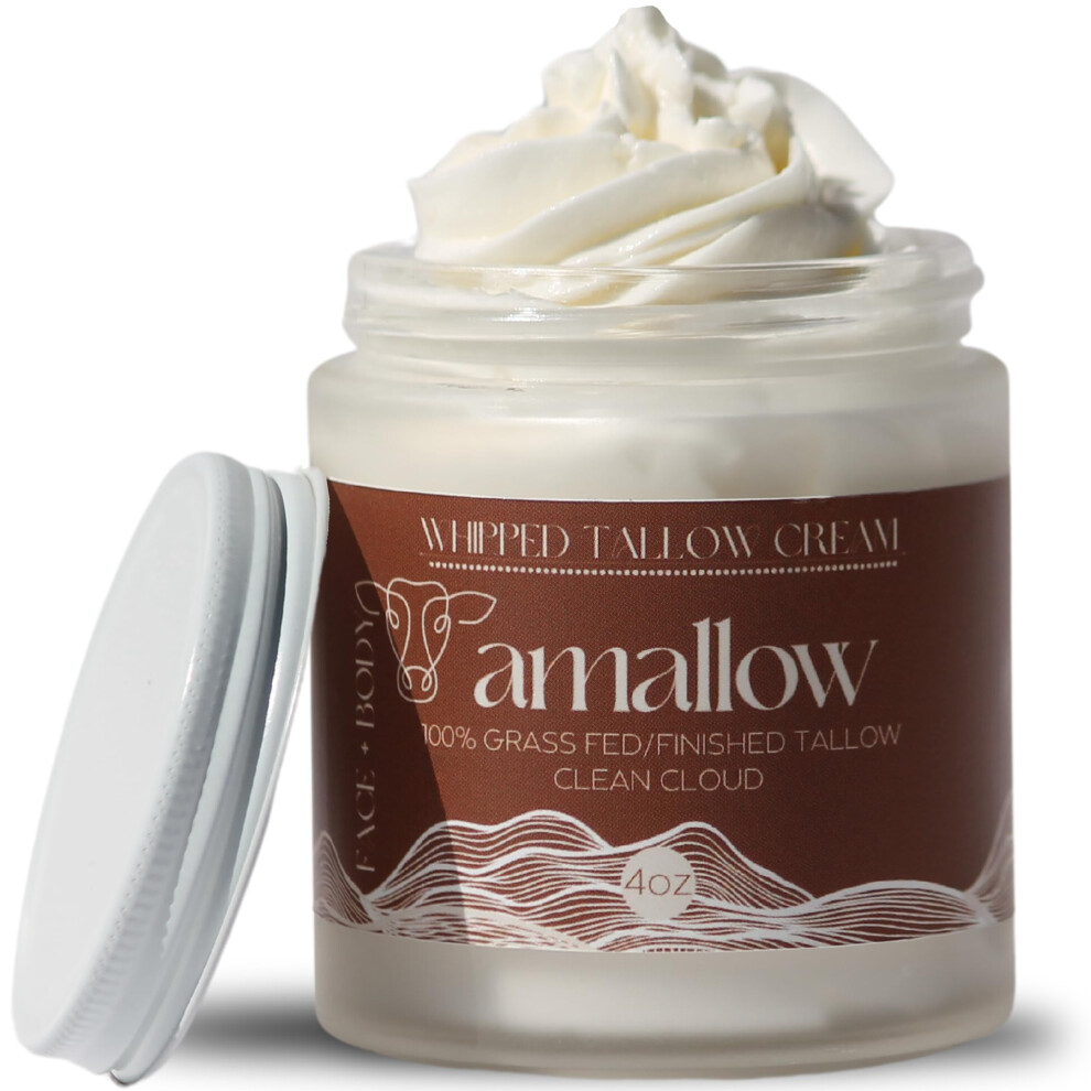 Amallow 100% Grass Fed Beef Tallow for Skin Care - Face + Body - Whipped Moisturizer - 100% Natural Lotion  4 FL. oz. (Clean Cloud)