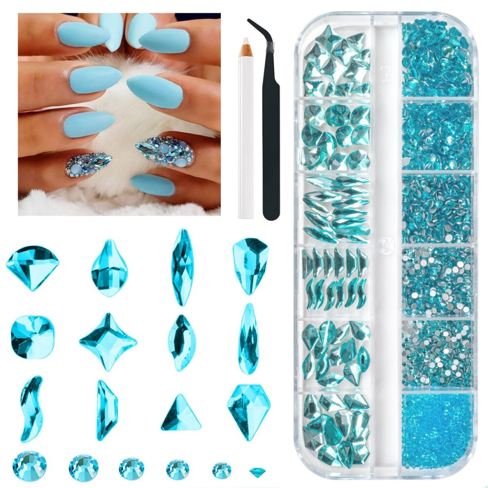 Qiipii 2052Pcs Aquamarine Nail Rhinestones Water Blue Stones For Nails 72 Multi Shapes Big Gems +1980 Flatback Round Beads K9 Glass Lakeblue Crystals