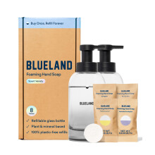 BLUELAND Hand Soap Duo Slate - 2 Refillable Glass Foaming Hand Soap Dispensers + 8 Tablet Refills Variety Scents Makes 8 x 9 Fl oz Bottles (72