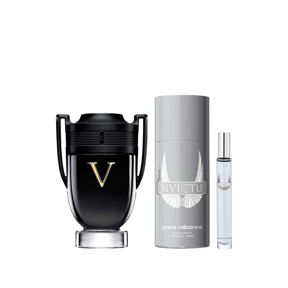 Paco Rabanne INVICTUS VICTORY 3-Piece Tin Box Set for Men  (3.4 Oz Eau De Parfum Extreme Natural Spray + 5.1 Oz Deodorant Spray + 0.34 Oz Eau De Toile