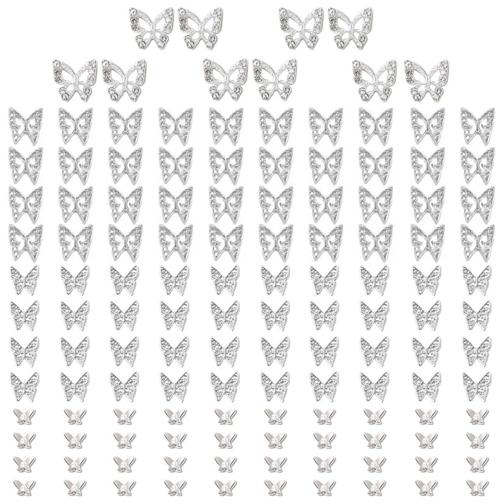 Qiipii Silver Butterfly Nail Charms 130Pcs 3D Butterfly Charms For Acrylic Nails 10 Butterflies Nail Rhinestones Charms +120 Nail Alloy Studs Nail A