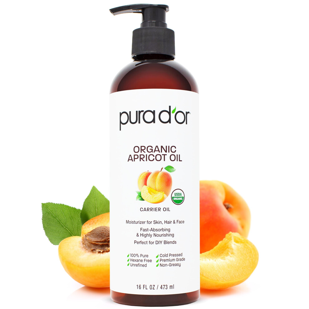 Pura D'or 16 Oz Organic Apricot Kernel Oil - 100% Pure & Natural Usda Certified Cold Pressed Carrier Oil - Antioxidant & Vitamin E Rich Moisturizer Fo