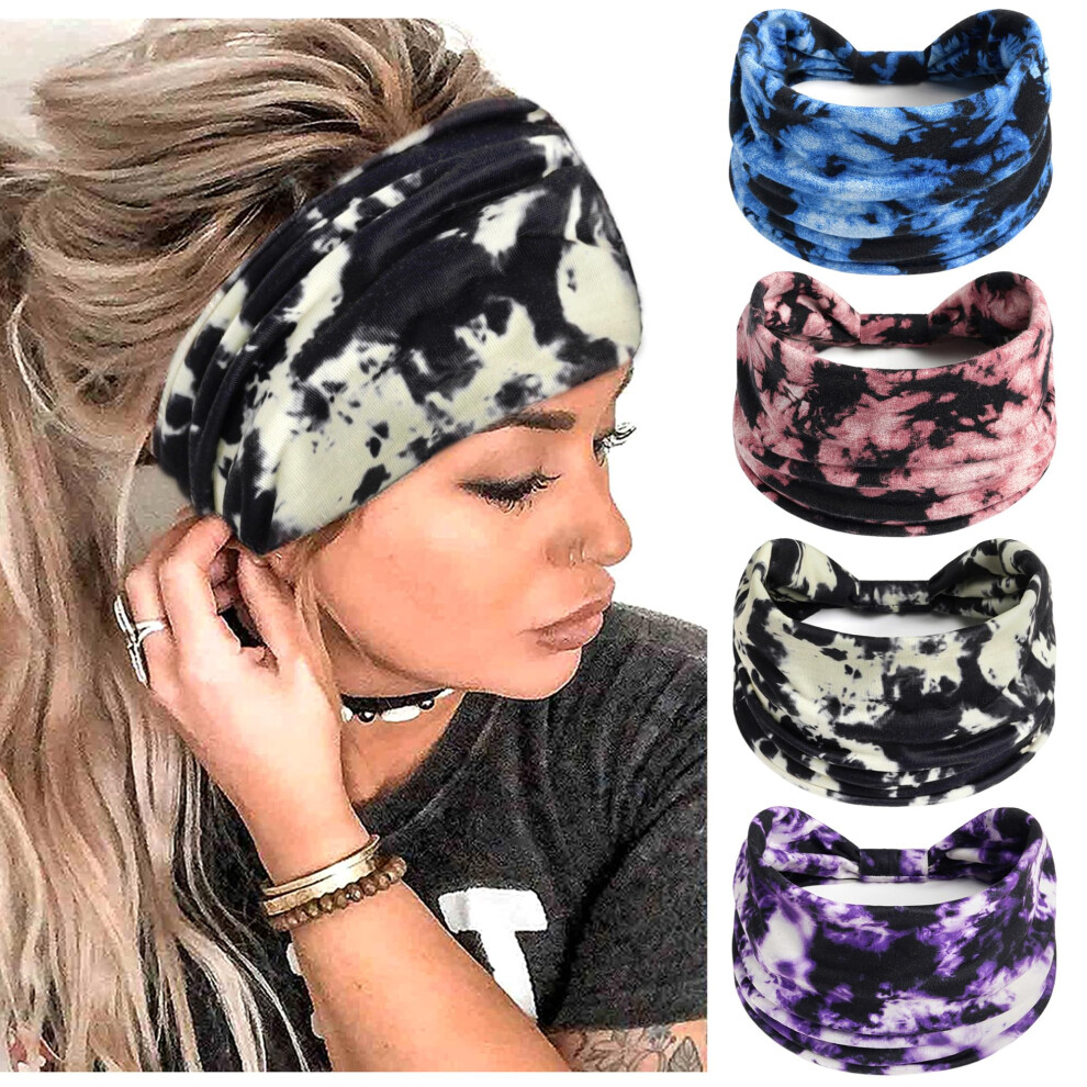 Fulztey Boho Headbands For Women Tie Dye Head Bands Fashion Knot Wide Headwraps Large African Bandanan Fabric Cottonturban Elastic Yoga Workout Hairba