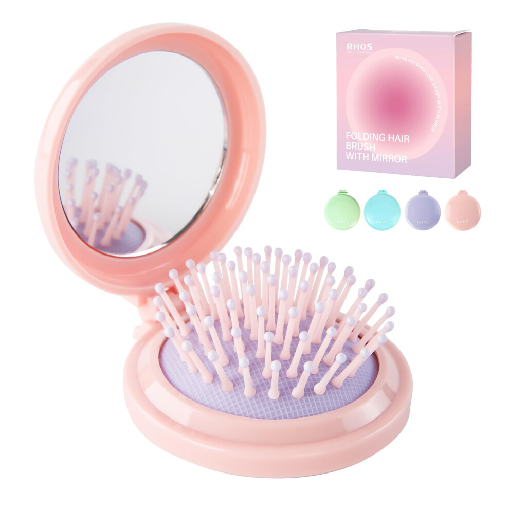 Rhos Pink Folding Brush With Mirror For Women Girls - Compact Pocket Portable Hair Brush With Soft Nylon Bristles For Purse And Travel (Pink)