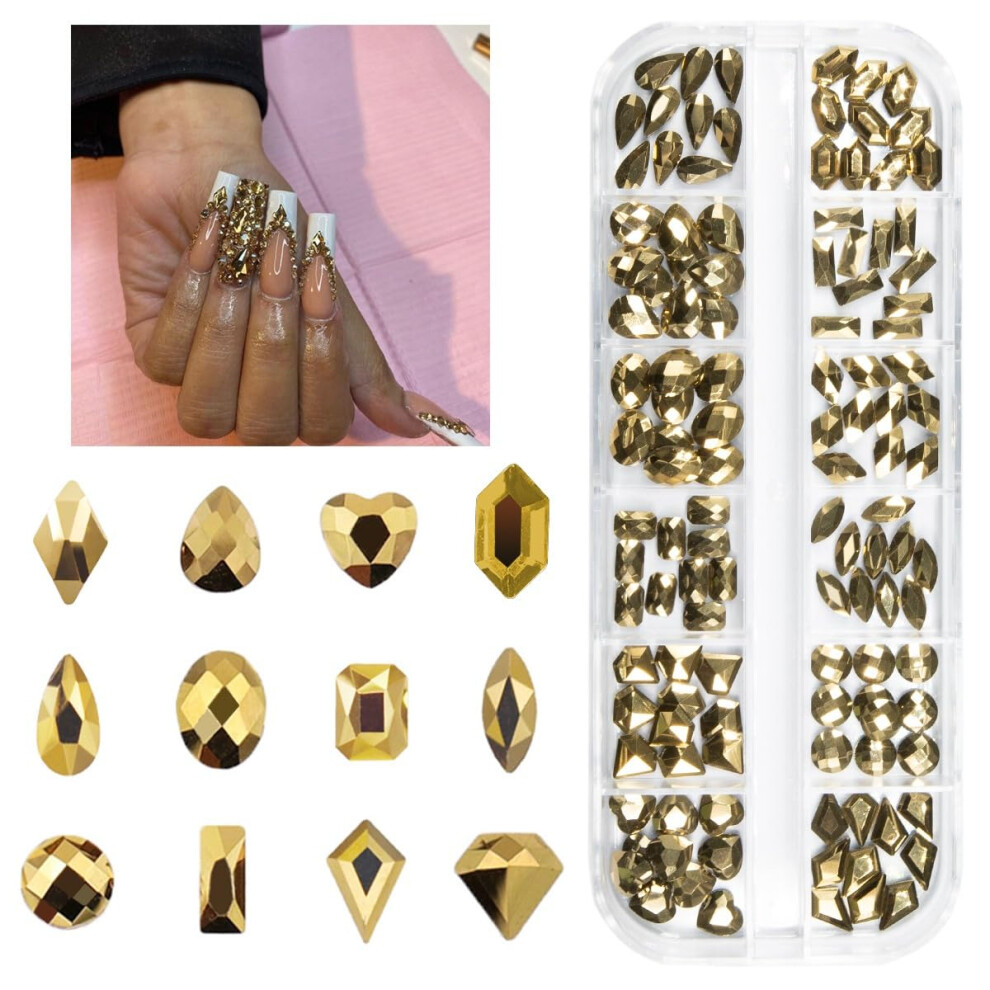 Qiipii Gold/Golden 120Pcs Mine Nail Rhinestones Metallic En 12 Shapes Big Gems Flatback Rhinestones K9 Glass Stones Nail Art Diamonds Crystals Jewels Nail Charm
