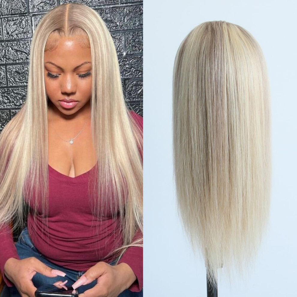 Aprilhair Unisex Brown Pre-Plucked Ombre #8/613 Light Blonde Highlight Lace Front Wigs Straight Glueless 150% Density Brazilian Virgin Human Hair (16 Inch 8