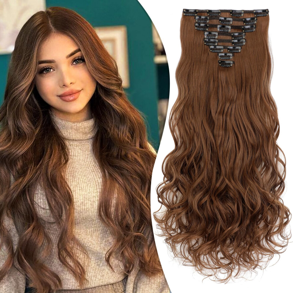 Fanguilar Clip In Hair Extensions 24 Inch 8Pcs Light Brown Long Wavy Synthetic Hair Extensions Clip Ins Thick Double Weft Hair Clip Extensions For Wom