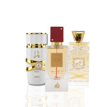 Lattafa 3-delat set fr unisex (3,4 Oz Musk Mood Eau De Parfum Spray + 2,0 Oz Ana Abiyedh Rouge Eau De Parfum Spray + 3,4 Oz Yara Moi Eau De Parf