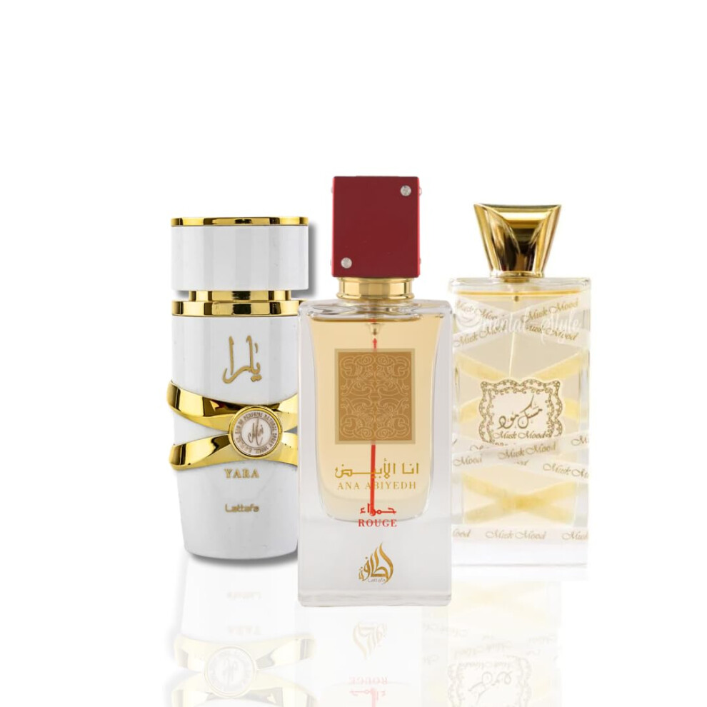 Lattafa 3-Piece Set for Unisex  (3.4 Oz Musk Mood Eau De Parfum Spray + 2.0 Oz Ana Abiyedh Rouge Eau De Parfum Spray + 3.4 Oz Yara Moi Eau De Parfum S