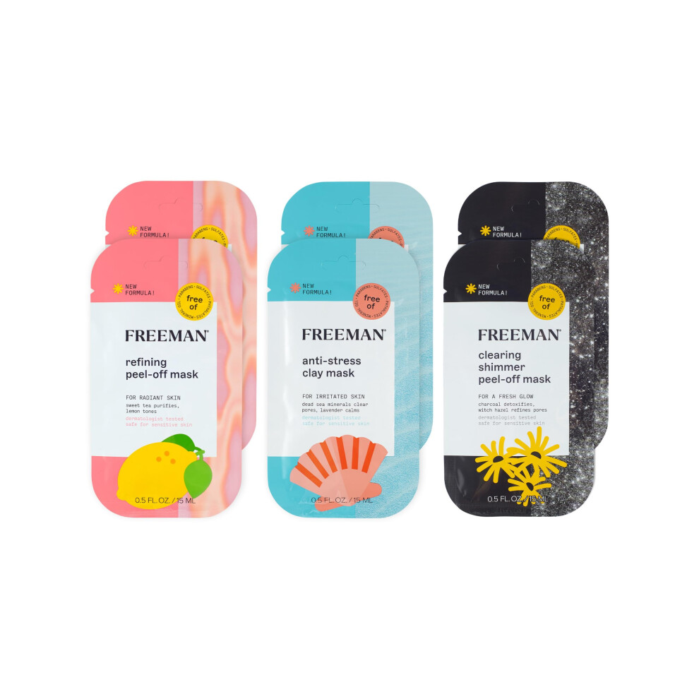Freeman Facial Mask Variety 6 Count Bundle Peel-Off & Clay Face Masks Pore Clearing Brightening & Calming Skincare For All Skin Types Travel Siz