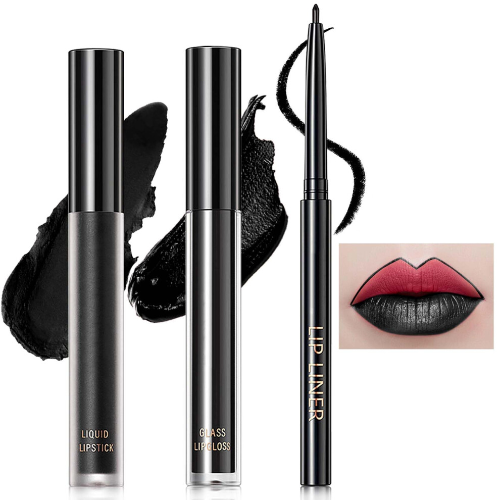 Wenjlyj Black 3 Pcs Matte Liquid Lipstick And Lipliner Set High Pigmented Matte Lipstick Lipgloss Lip Liner Set Long Lasting Waterproof Velvet Liquid Li
