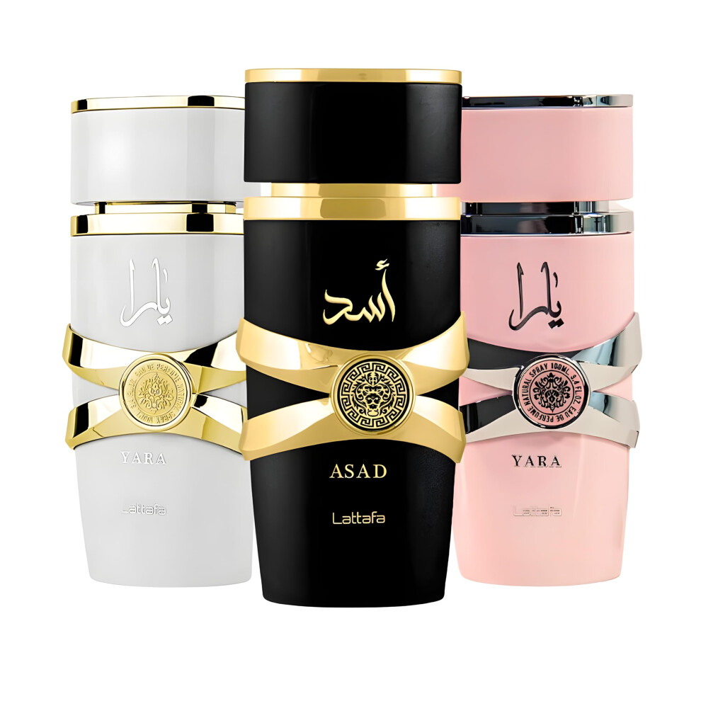 Lattafa for Women 3 Piece Eau de Parfum Gift Set (Yara + Yara Moi + Asad) 3.4 Ounce/100 ml each