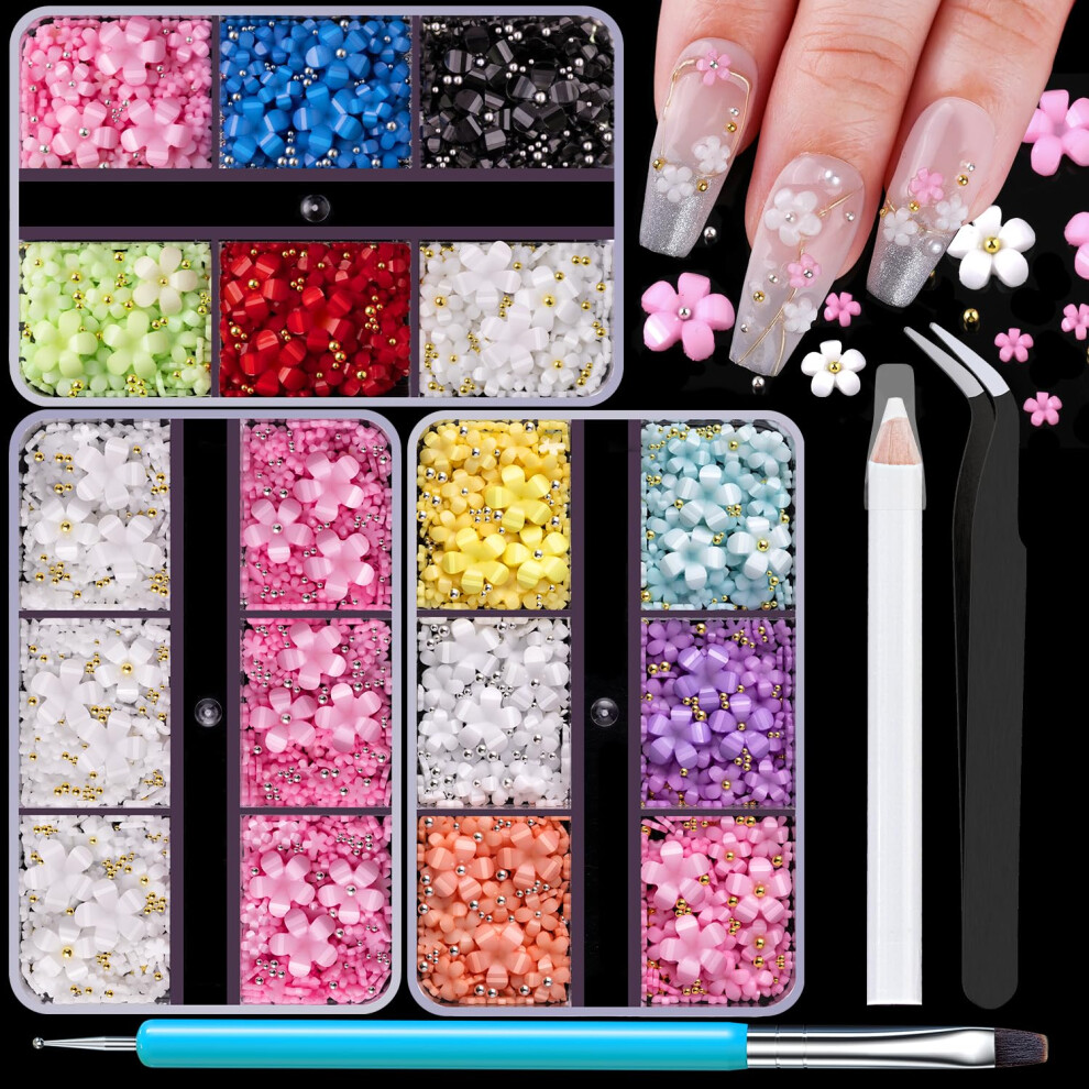 Belleboost Gold/Silver 3D Flowers For Nails, Colorful Acrylic Flower Nail Charms With Caviar Beads, Rhinestones For Nails 3D Nail Charms For Acrylic Nails With Pickup & Dott