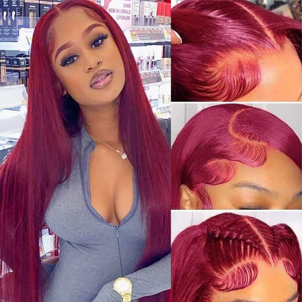 Dixtefo Unisex Red 99J Burgundy Lace Front Wigs Human Hair 13X6 Hd Glueless Straight Lace Frontal Wigs 99J 220% Density Brazilian Virgin Human Hair Wigs For Wome